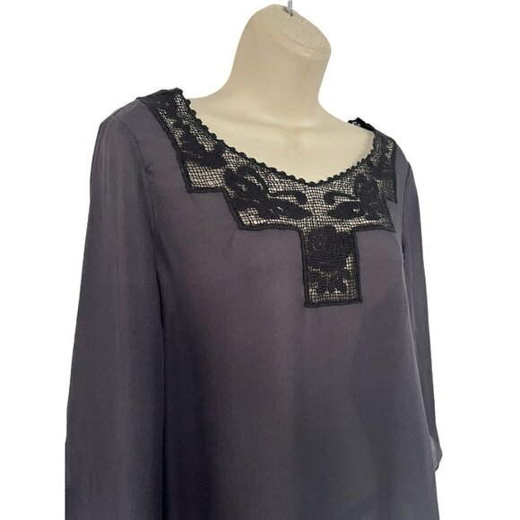 The Great Womens Sz 0 Black Silk Crochet Detailed Semi Sheer Popover Top Blouse - Picture 2 of 9